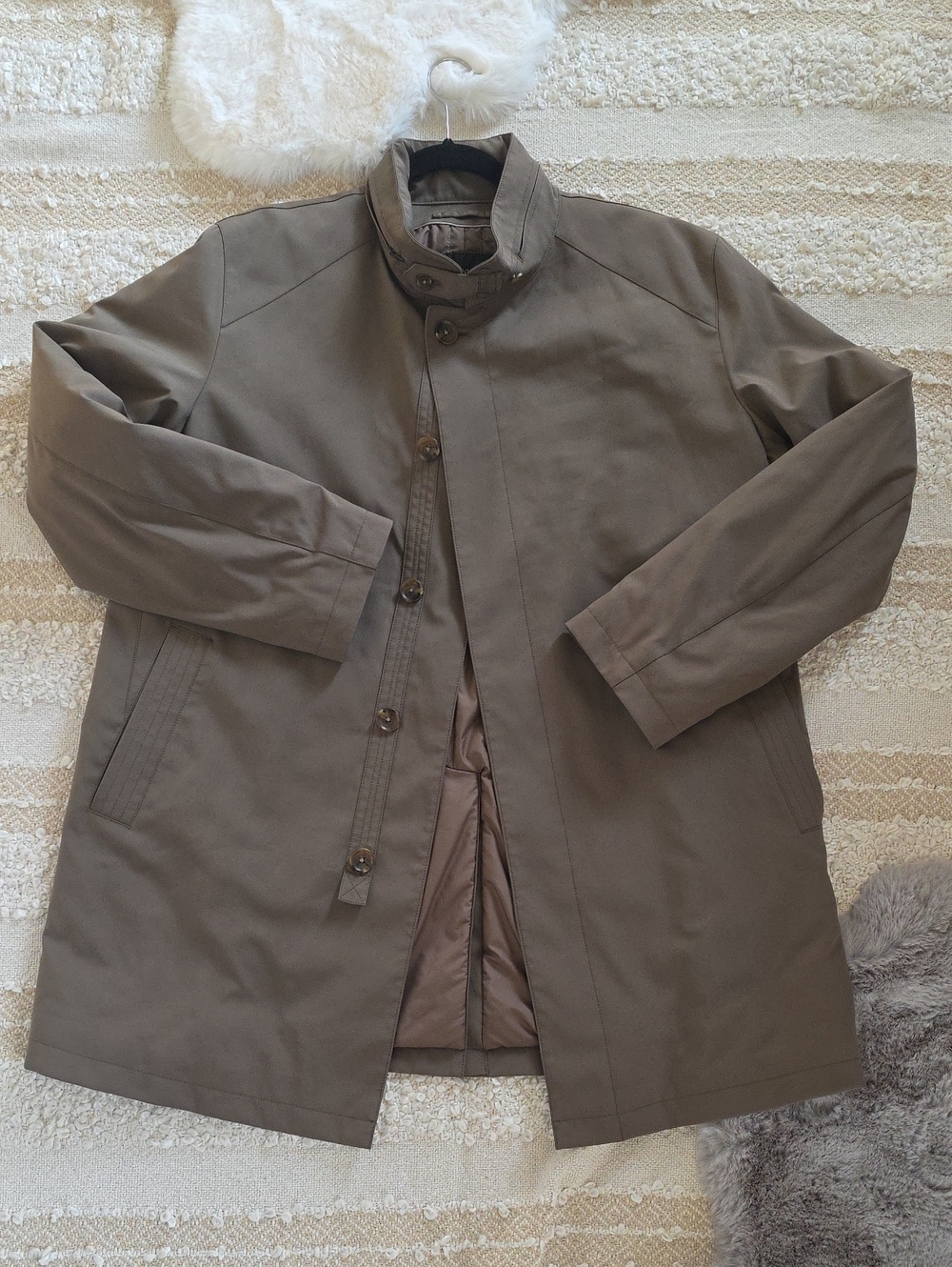 Men's Mid-Length Olive Taupe Insulated Hidden Hood Trench Coat L R 42